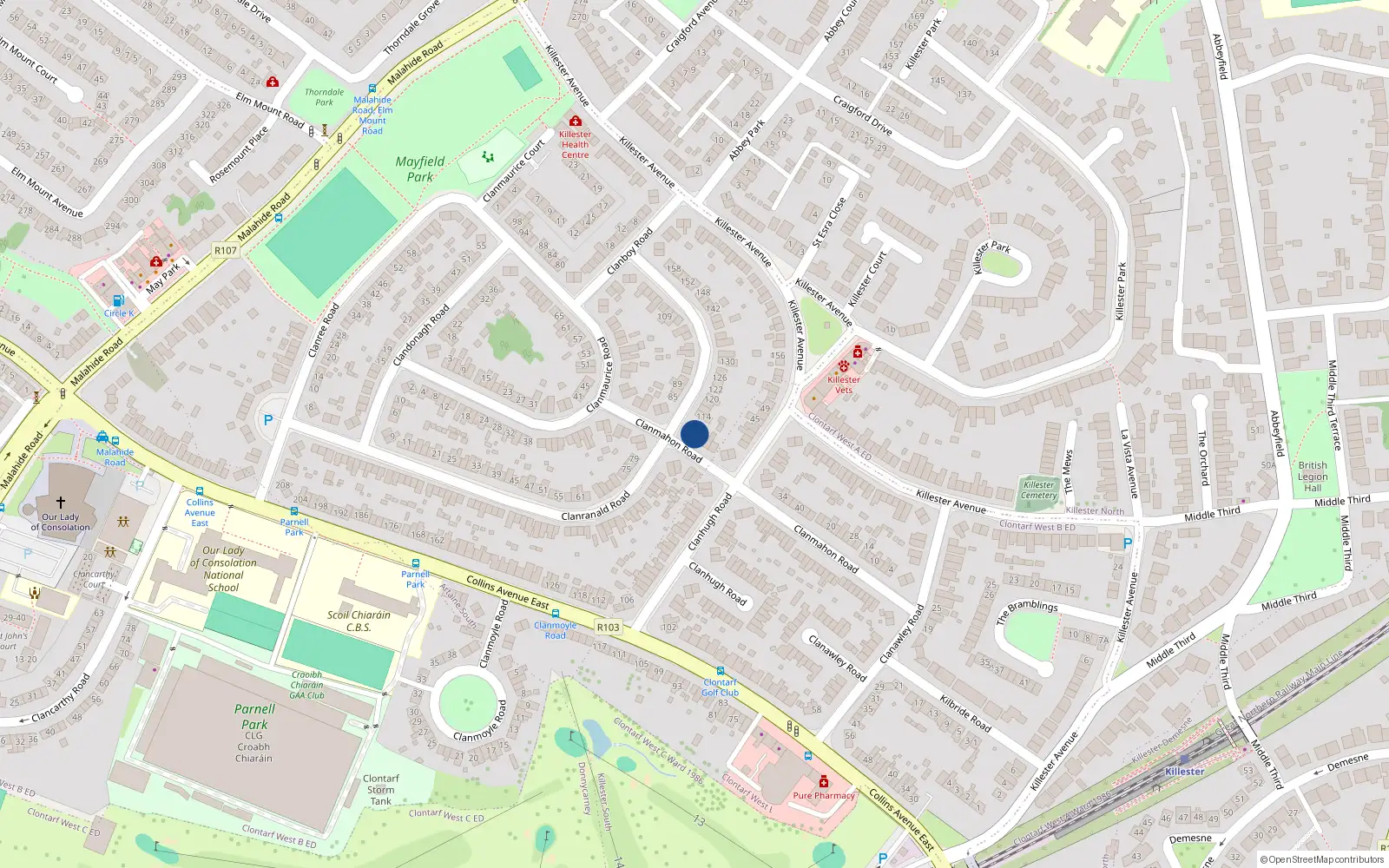 Overhead map showing the location of 54 Clanmahon Road, Donnycarney, Dublin 5
