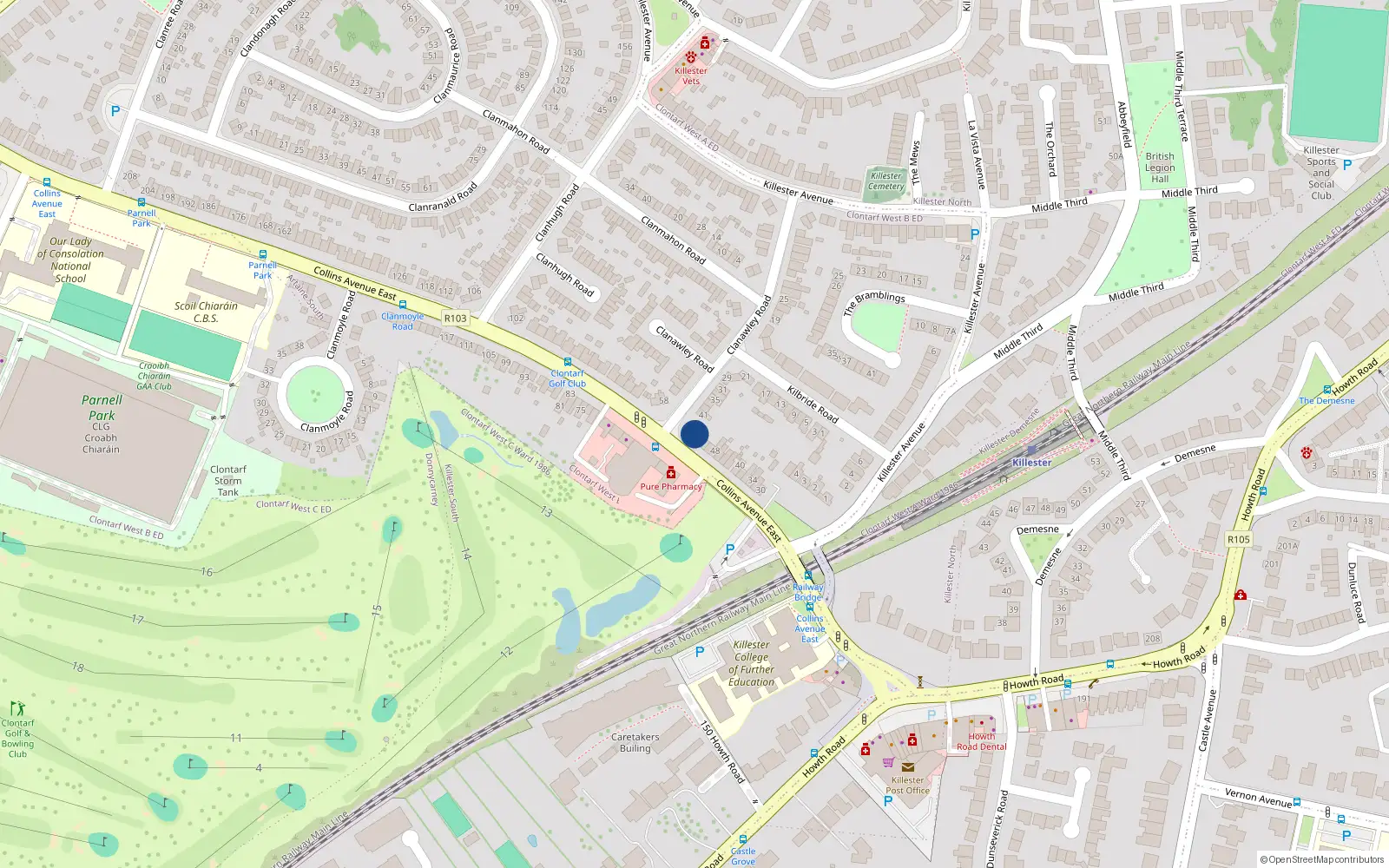 Overhead map showing the location of 54 Collins Avenue East, Donnycarney, Dublin 5