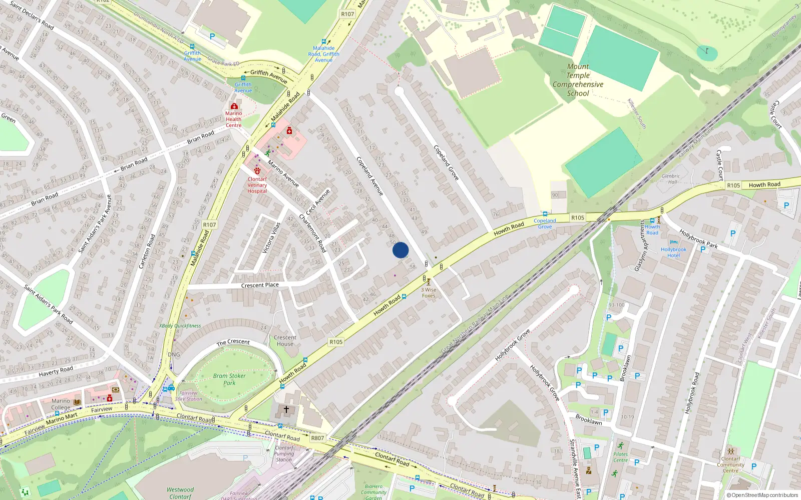 Overhead map showing the location of 54 Copeland Avenue, Dublin 3