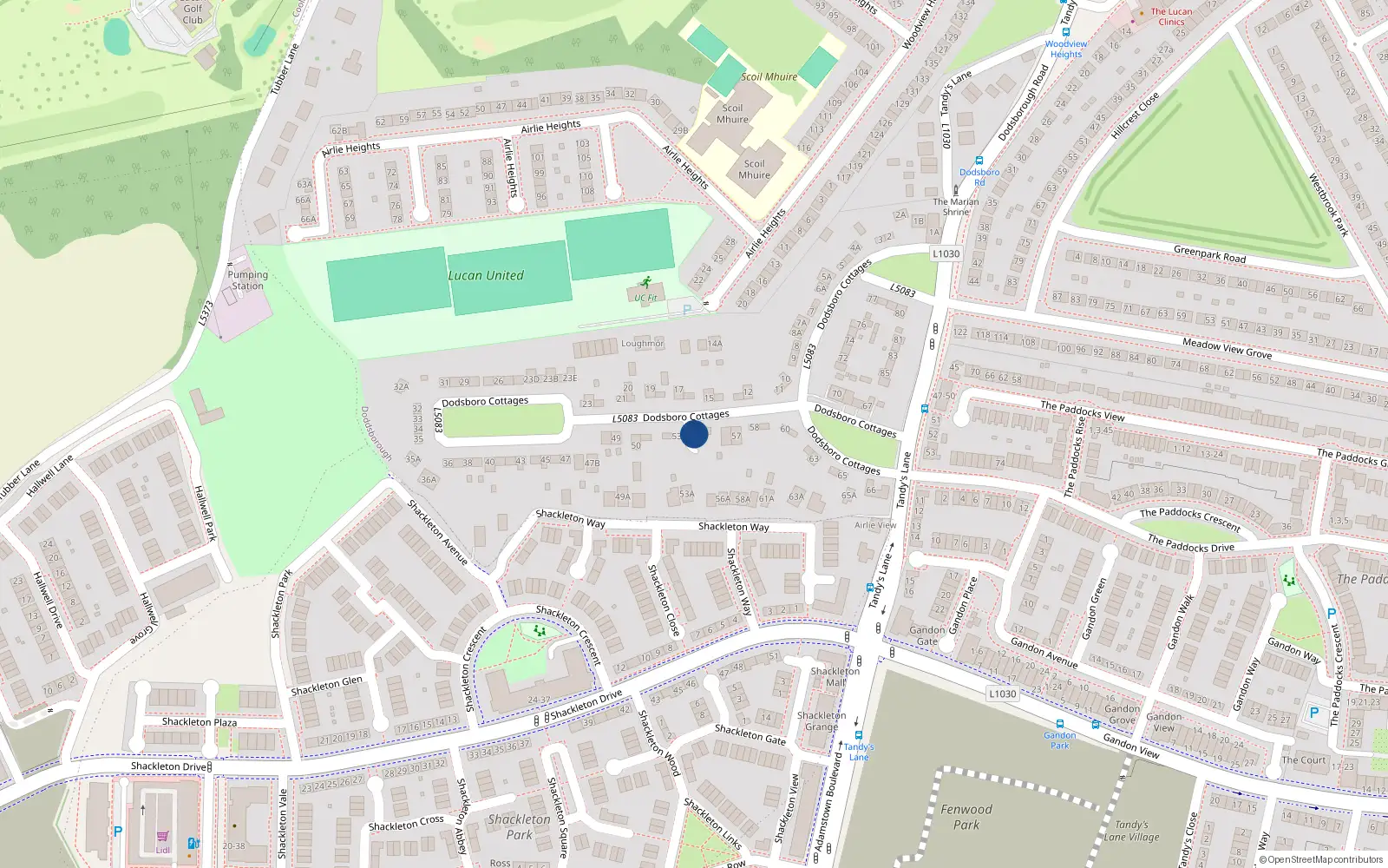 Overhead map showing the location of 54 Dodsborough Cottages, Lucan, Co Dublin
