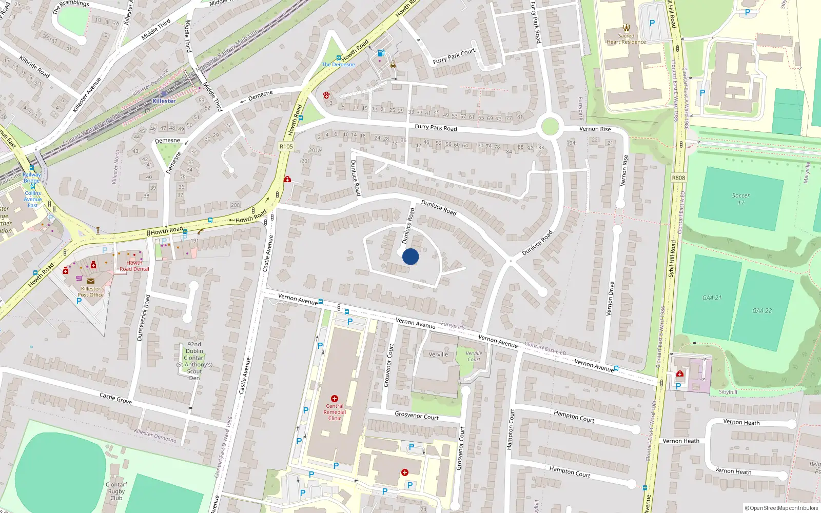 Overhead map showing the location of 54 Dunluce Road, Clontarf, Dublin 3