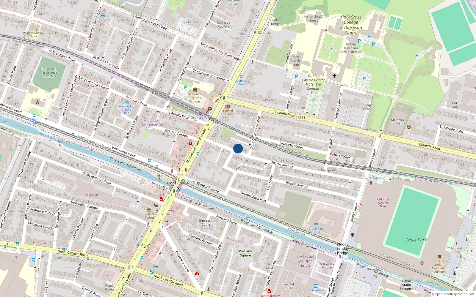 Overhead map showing the location of 54 Fitzroy Avenue, Drumcondra, Dublin 3