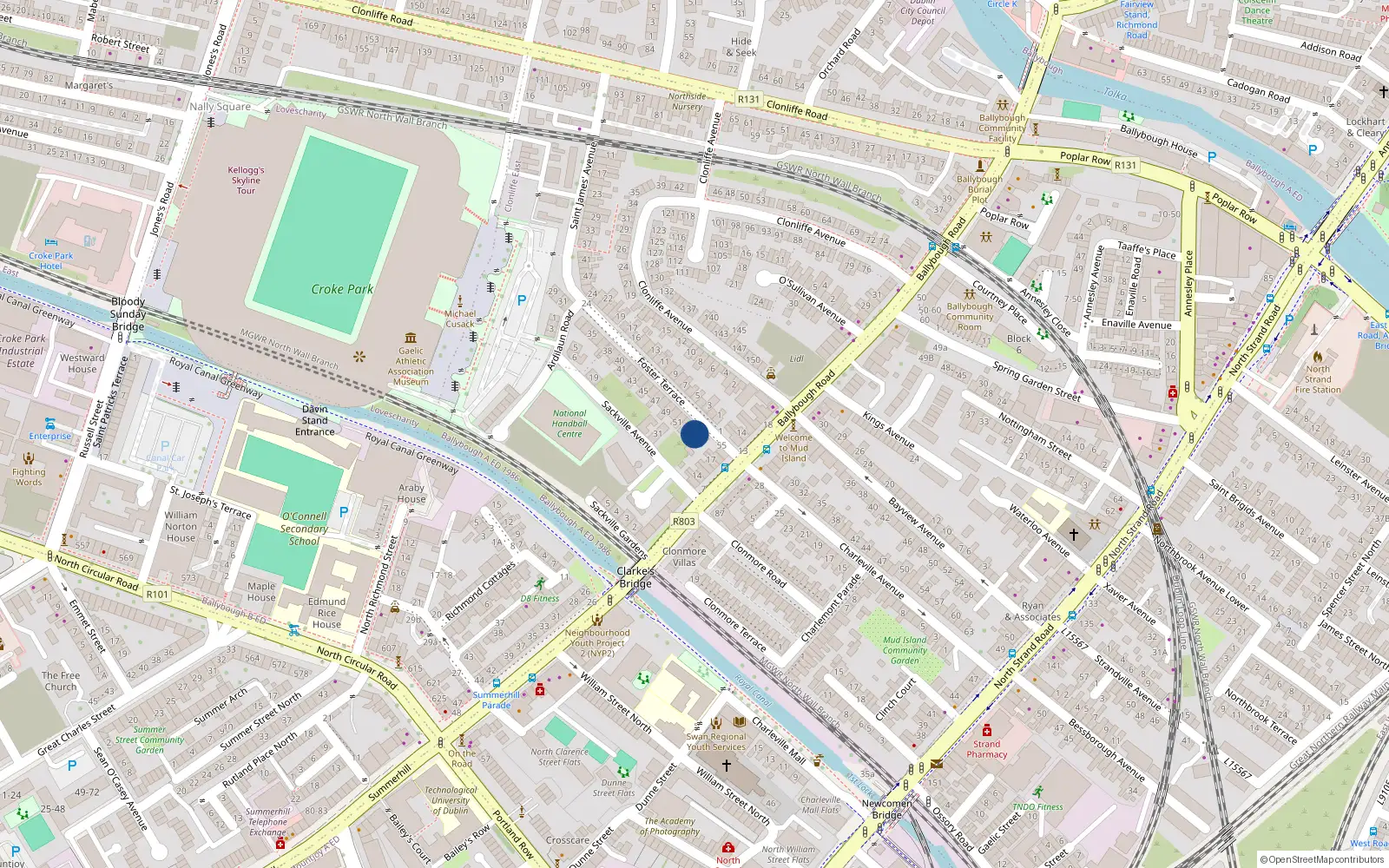 Overhead map showing the location of 54 Foster Terrace, Dublin 3