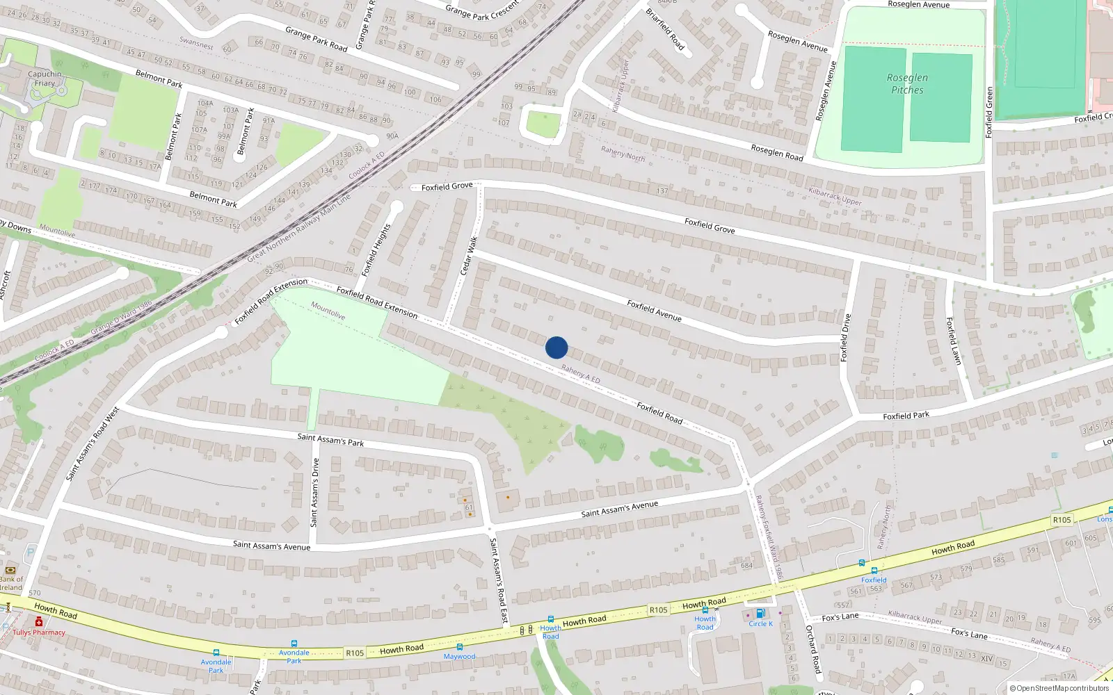 Overhead map showing the location of 54 Foxfield Road, Raheny, Dublin 5