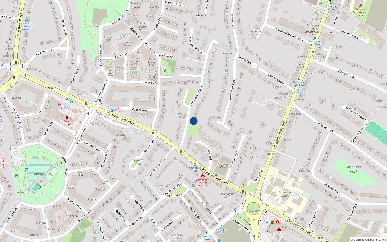 Overhead map showing the location of 54 Glenageary Woods, Glenageary, Dublin