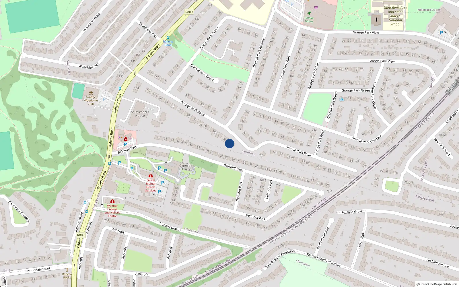Overhead map showing the location of 54 Grange Park Road, Raheny, Dublin 5