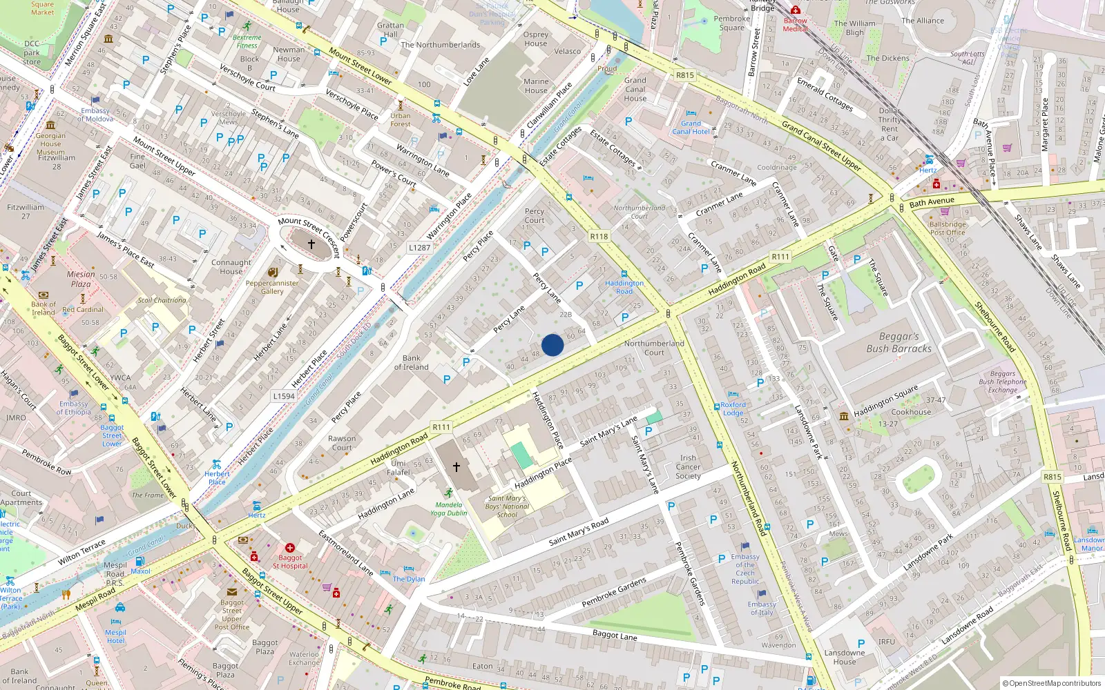 Overhead map showing the location of 54 Haddington Road, Dublin 4