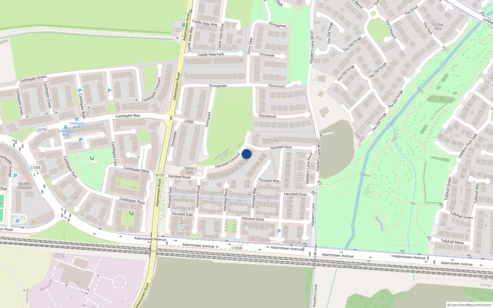 Overhead map showing the location of 54 Hansted Crescent, Lucan