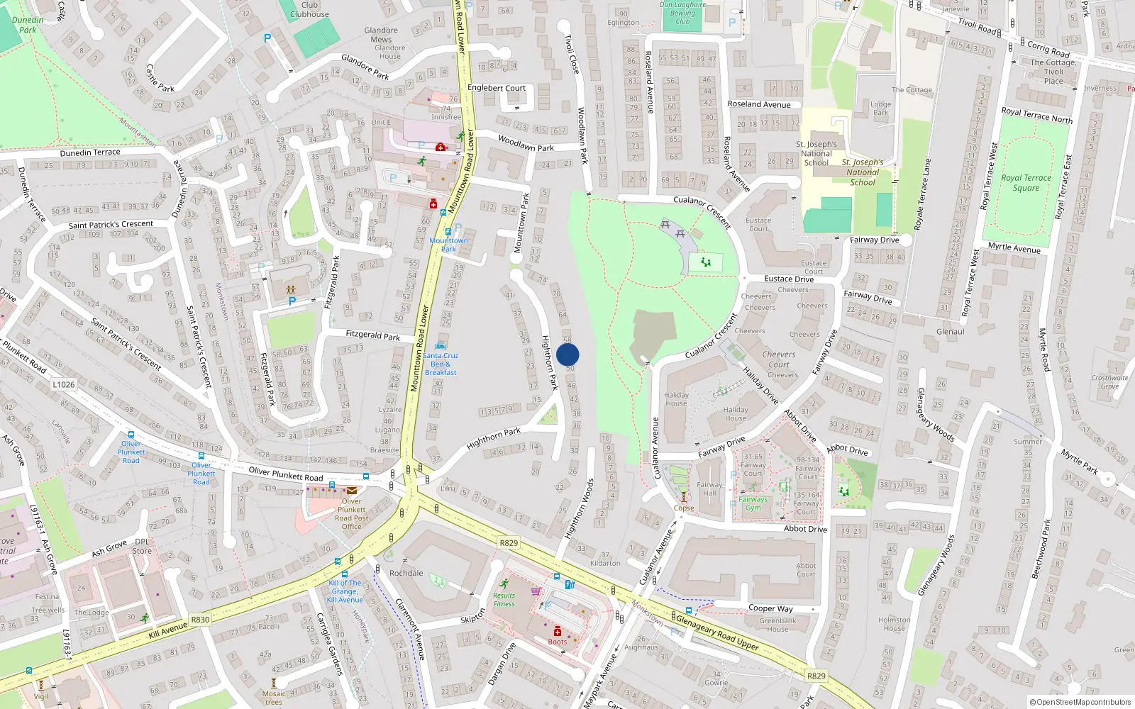 Overhead map showing the location of 54 Highthorn Park, Dun Laoghaire, Dublin