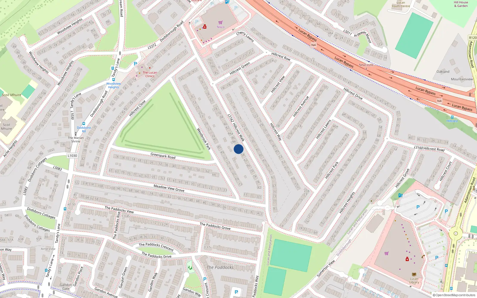 Overhead map showing the location of 54 Hillcrest Walk, Lucan