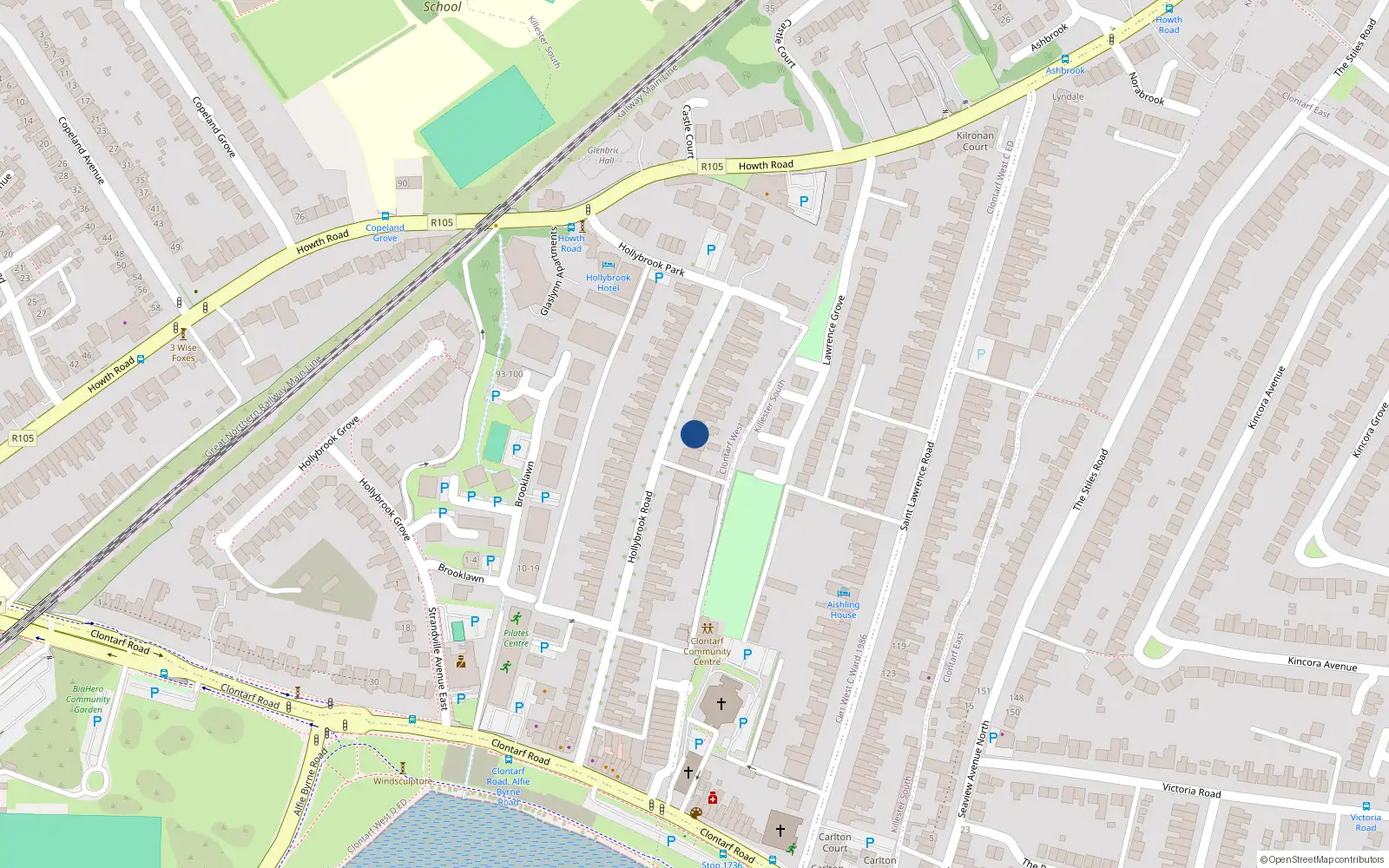 Overhead map showing the location of 54 Hollybrook Road, Clontarf, Dublin 3