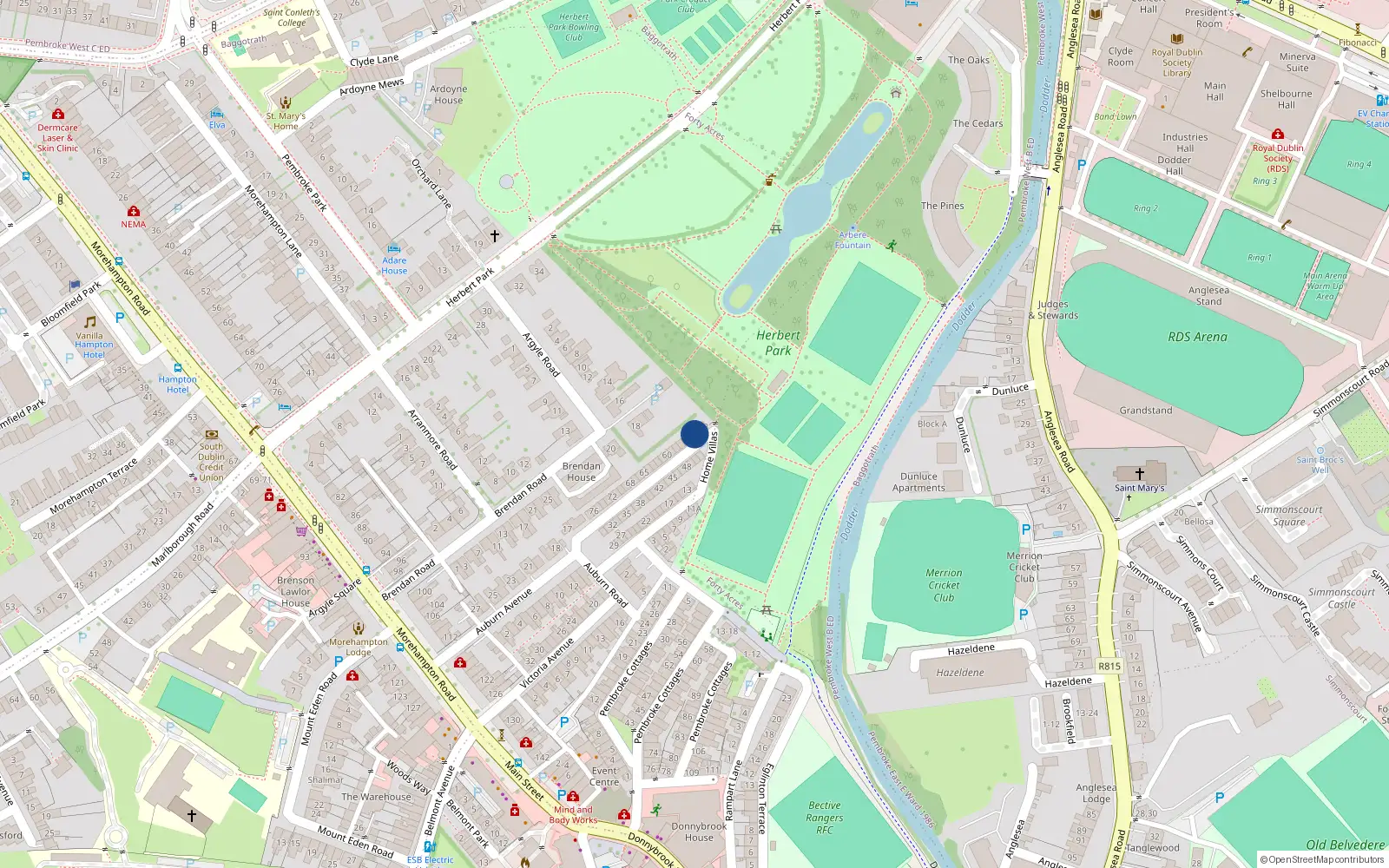 Overhead map showing the location of 54 Home Villas, Dublin 4