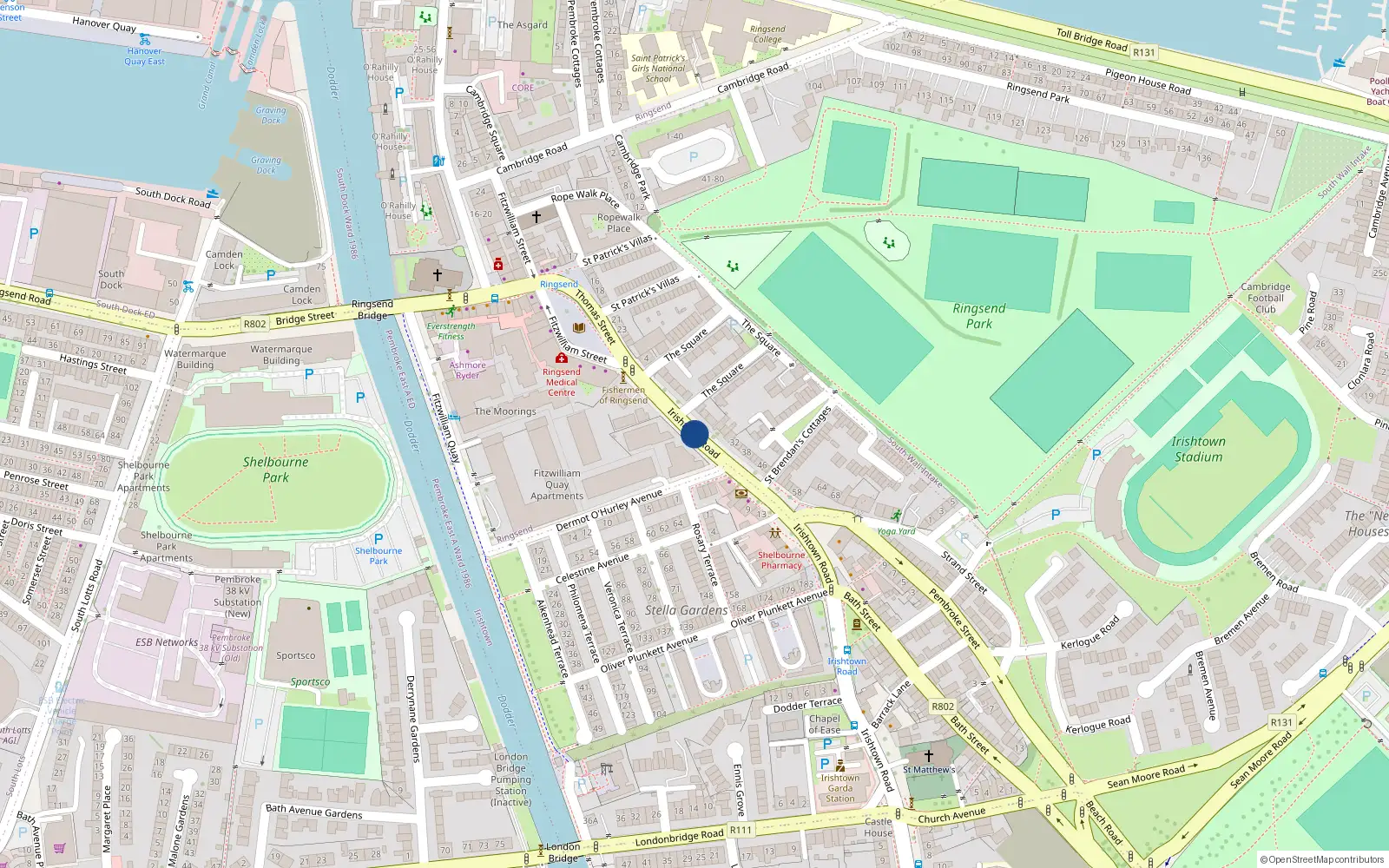 Overhead map showing the location of 54 Irishtown Road, Ringsend