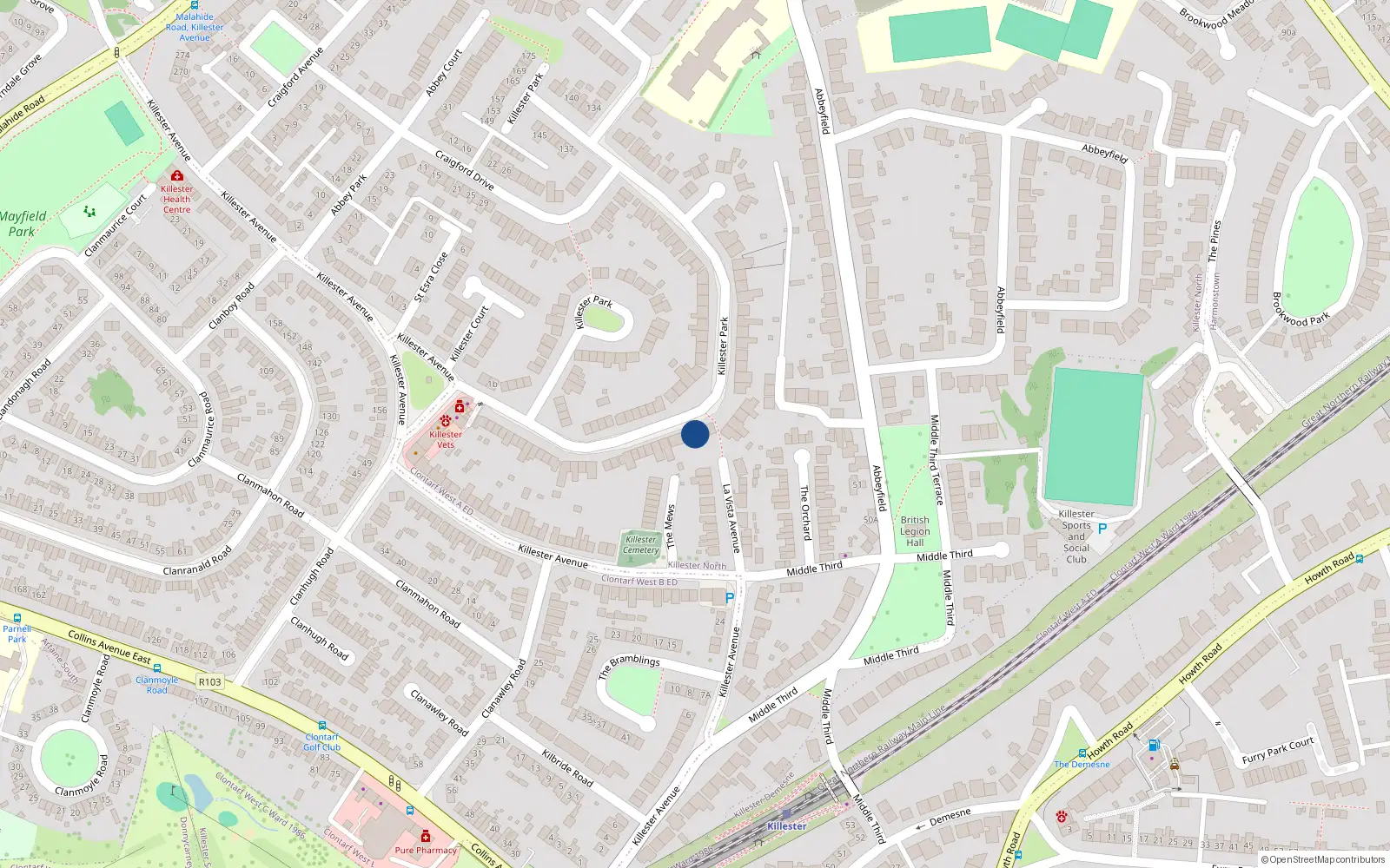 Overhead map showing the location of 54 Killester Park, Dublin 5