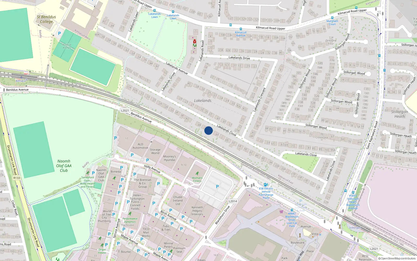 Overhead map showing the location of 54 Lakelands Close, Kilmacud, Stillorgan