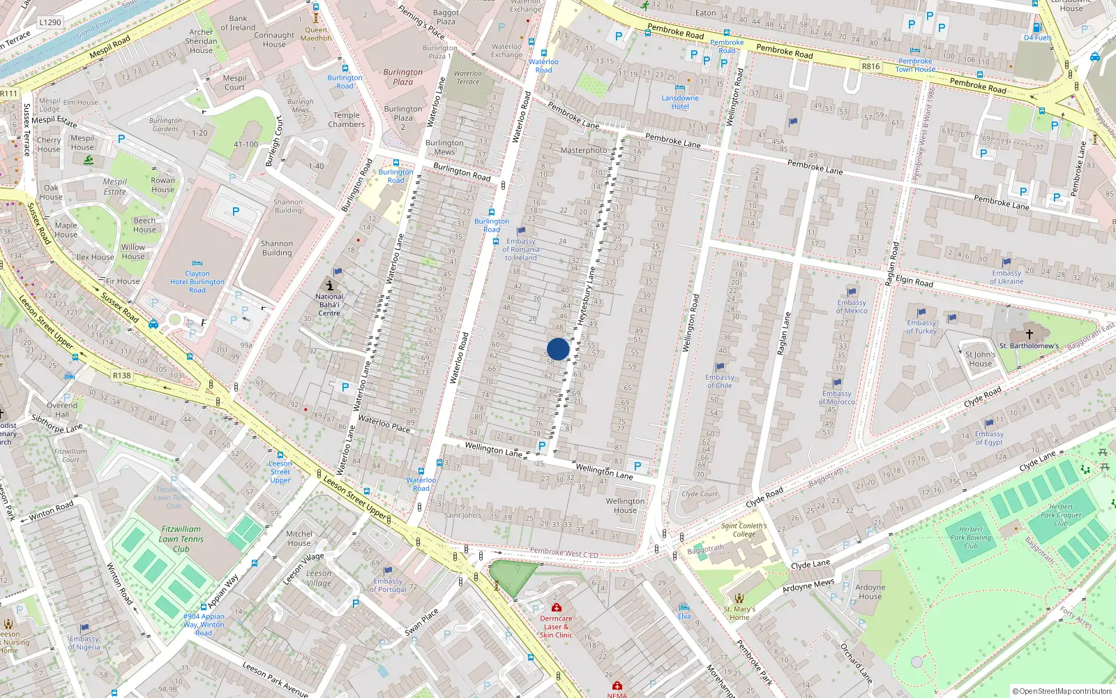 Overhead map showing the location of 54, Landsdowne Wood, Dublin 4