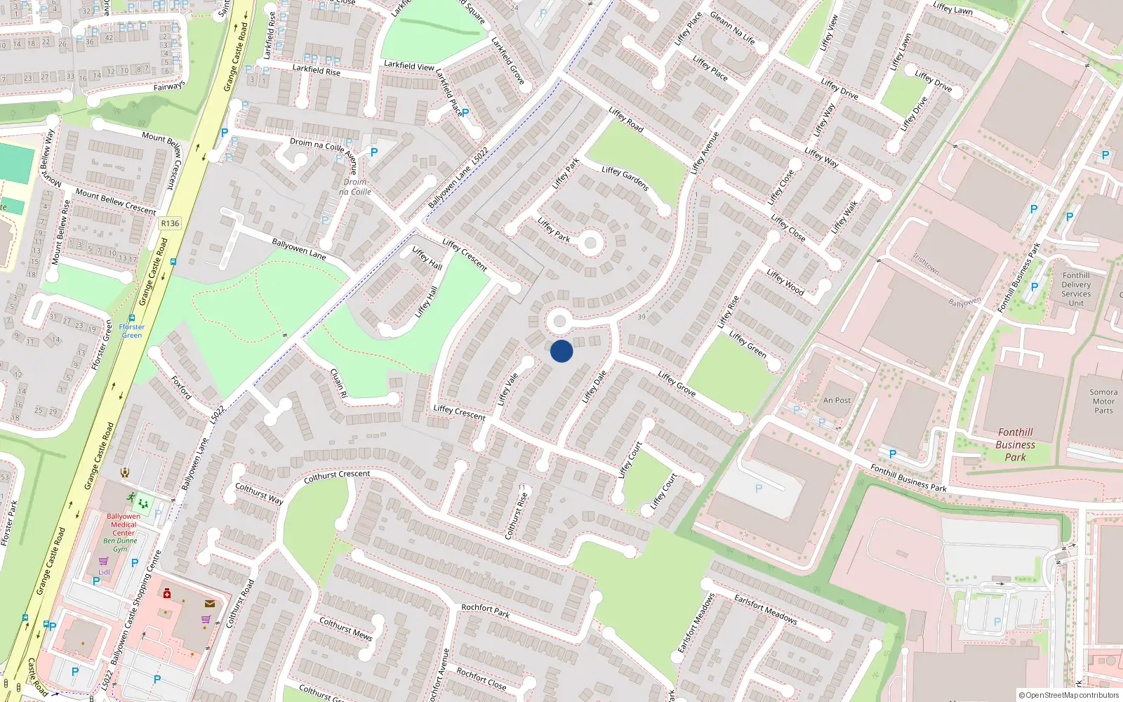 Overhead map showing the location of 54 Liffey Avenue, Liffey Valley Park, Lucan