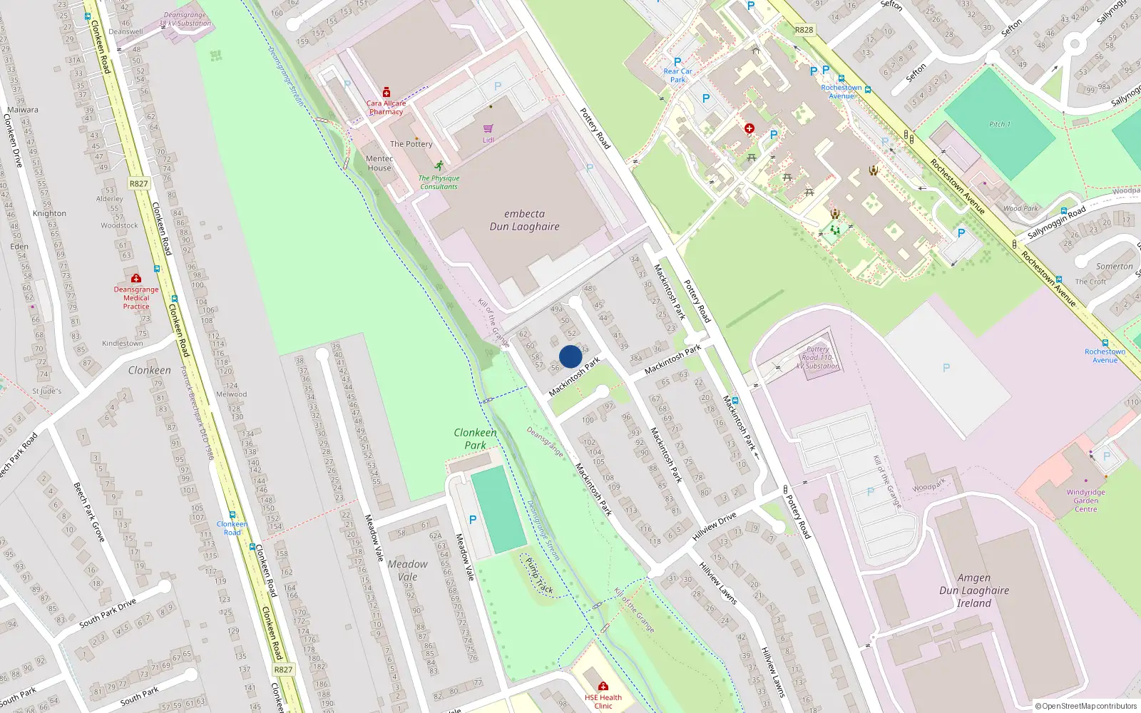 Overhead map showing the location of 54 Mackintosh Park, Pottery Road, Dun Laoghaire