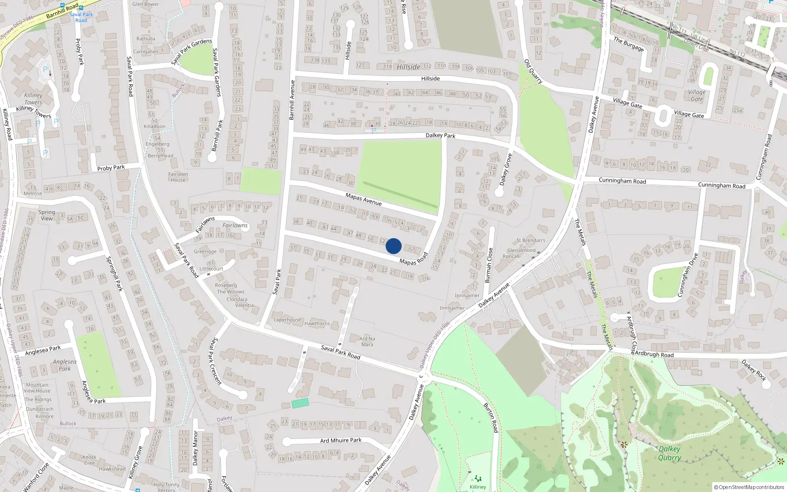 Overhead map showing the location of 54 Mapas Road, Dalkey, Dublin