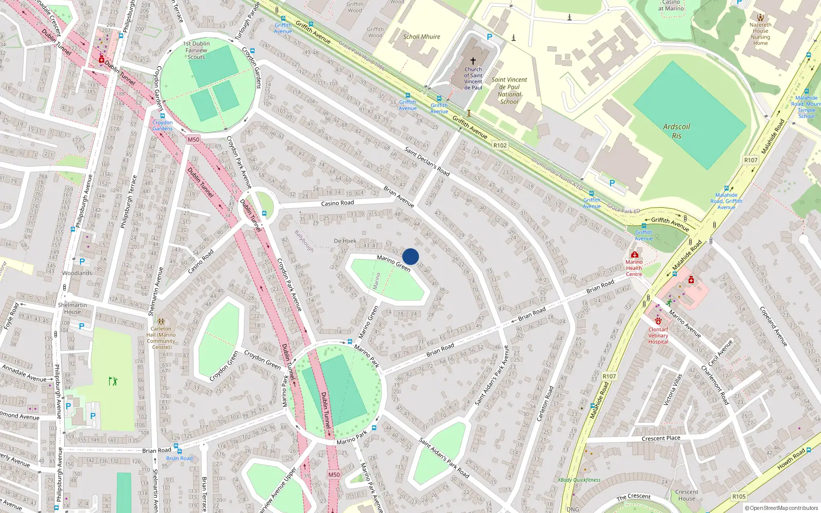 Overhead map showing the location of 54 Marino Green, Dublin 3