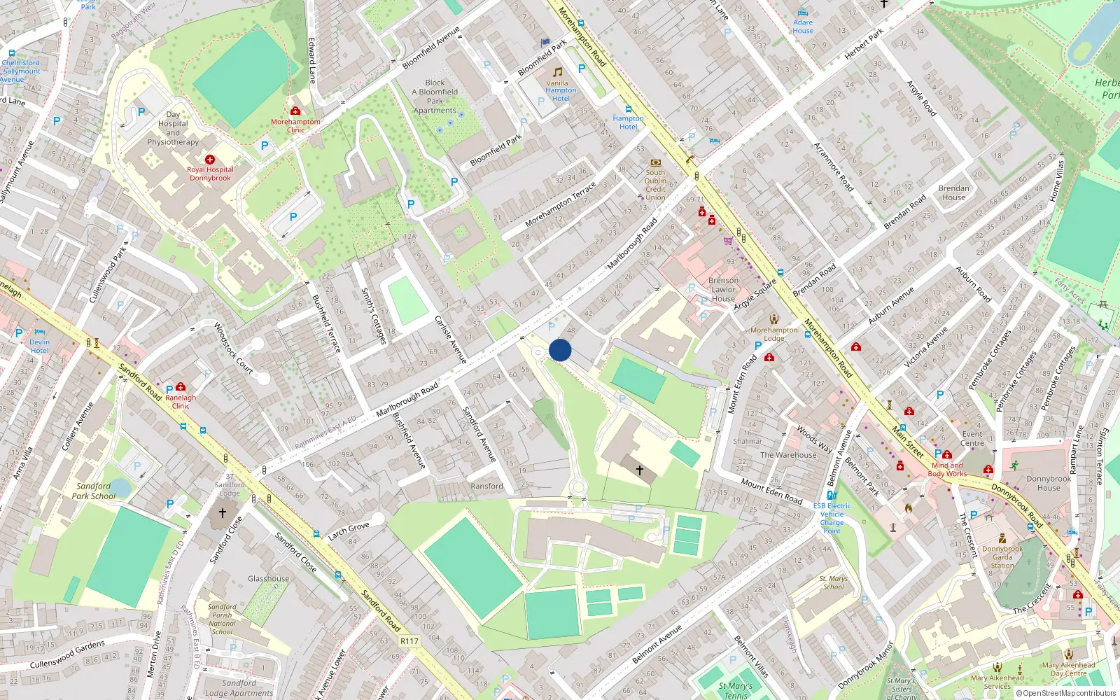 Overhead map showing the location of 54 Marlborough Road, Donnybrook