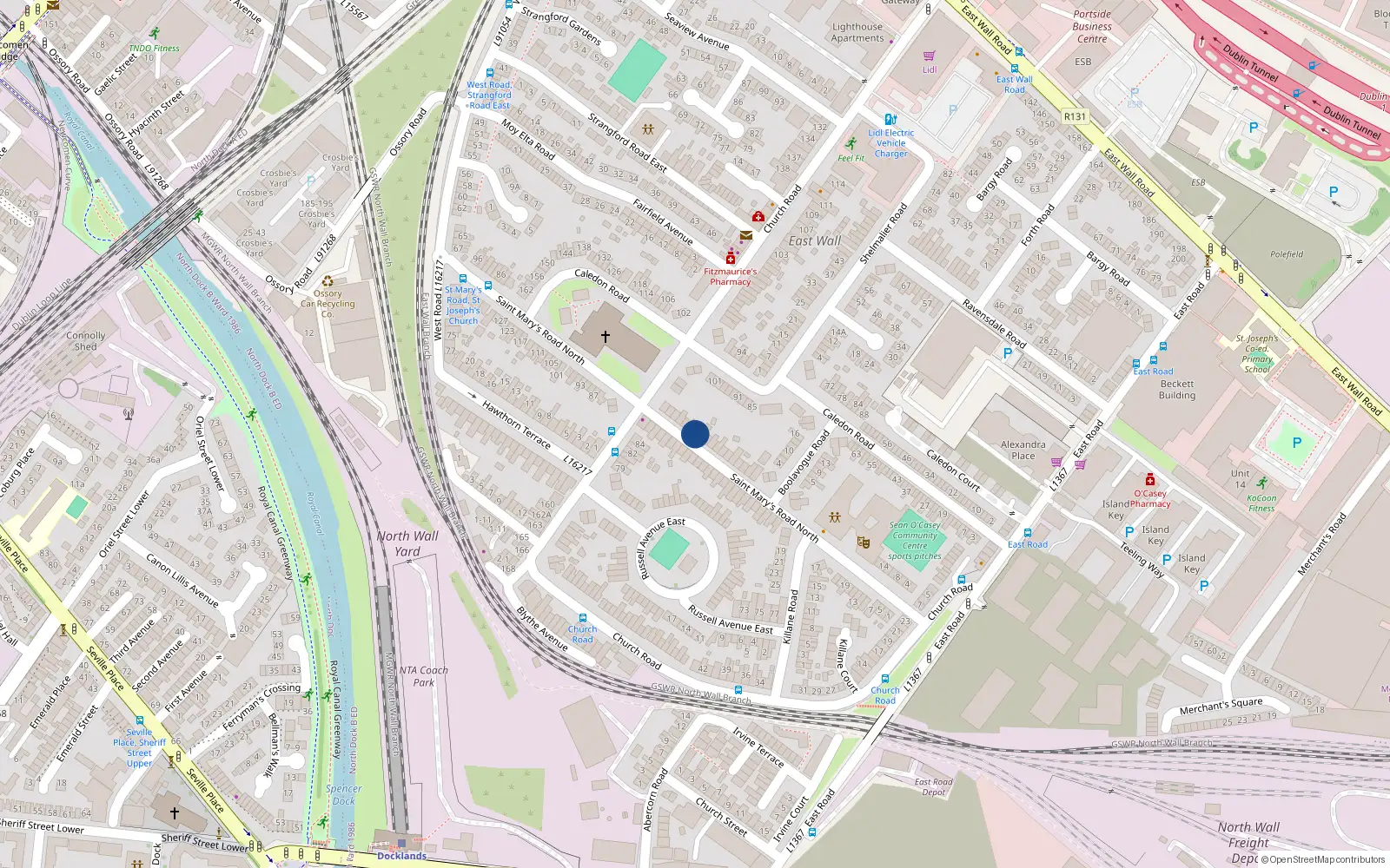 Overhead map showing the location of 54 Marys Road North, East Wall, Dublin 3