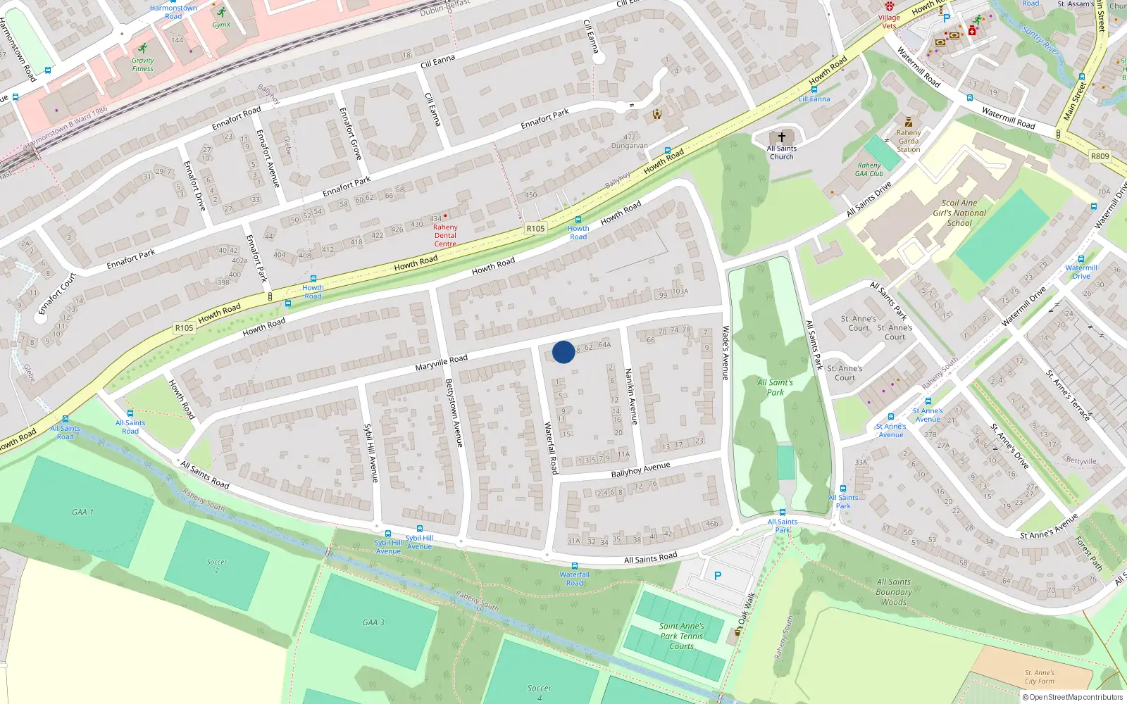 Overhead map showing the location of 54 Maryville Road, Dublin 5