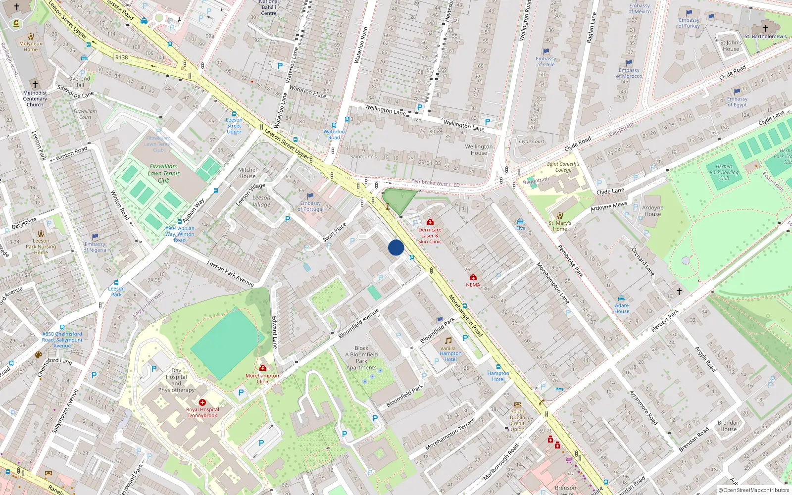 Overhead map showing the location of 54 Morehampton Square, Donnybrook