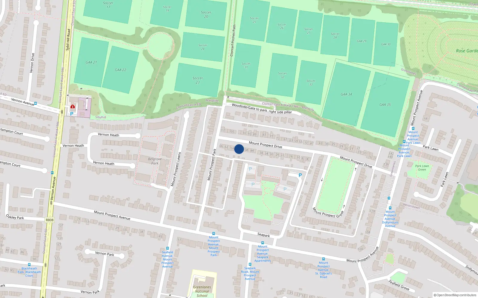 Overhead map showing the location of 54 Mount Prospect Drive, Dublin 3