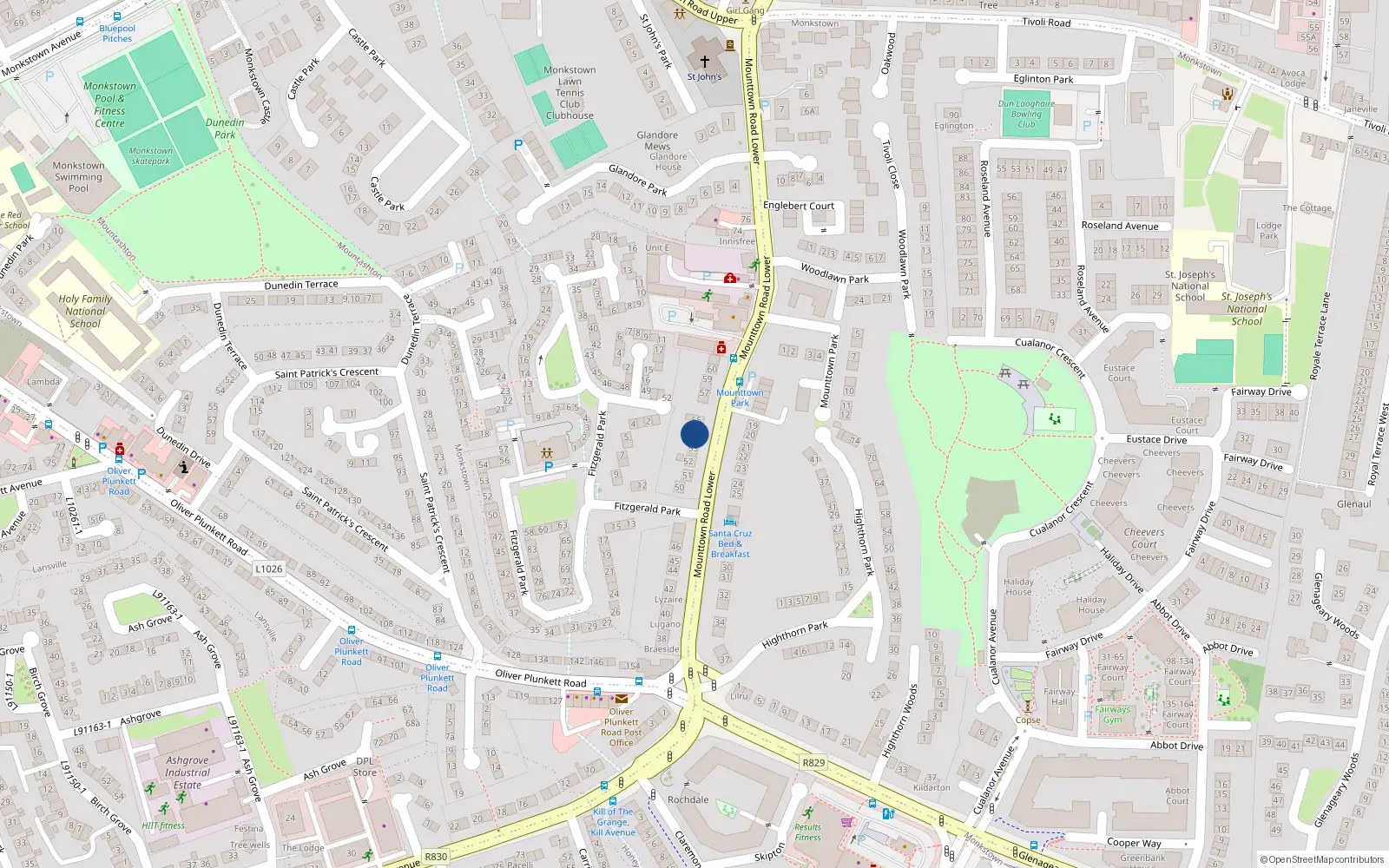Overhead map showing the location of 54 Mounttown Road Lower, Dublin