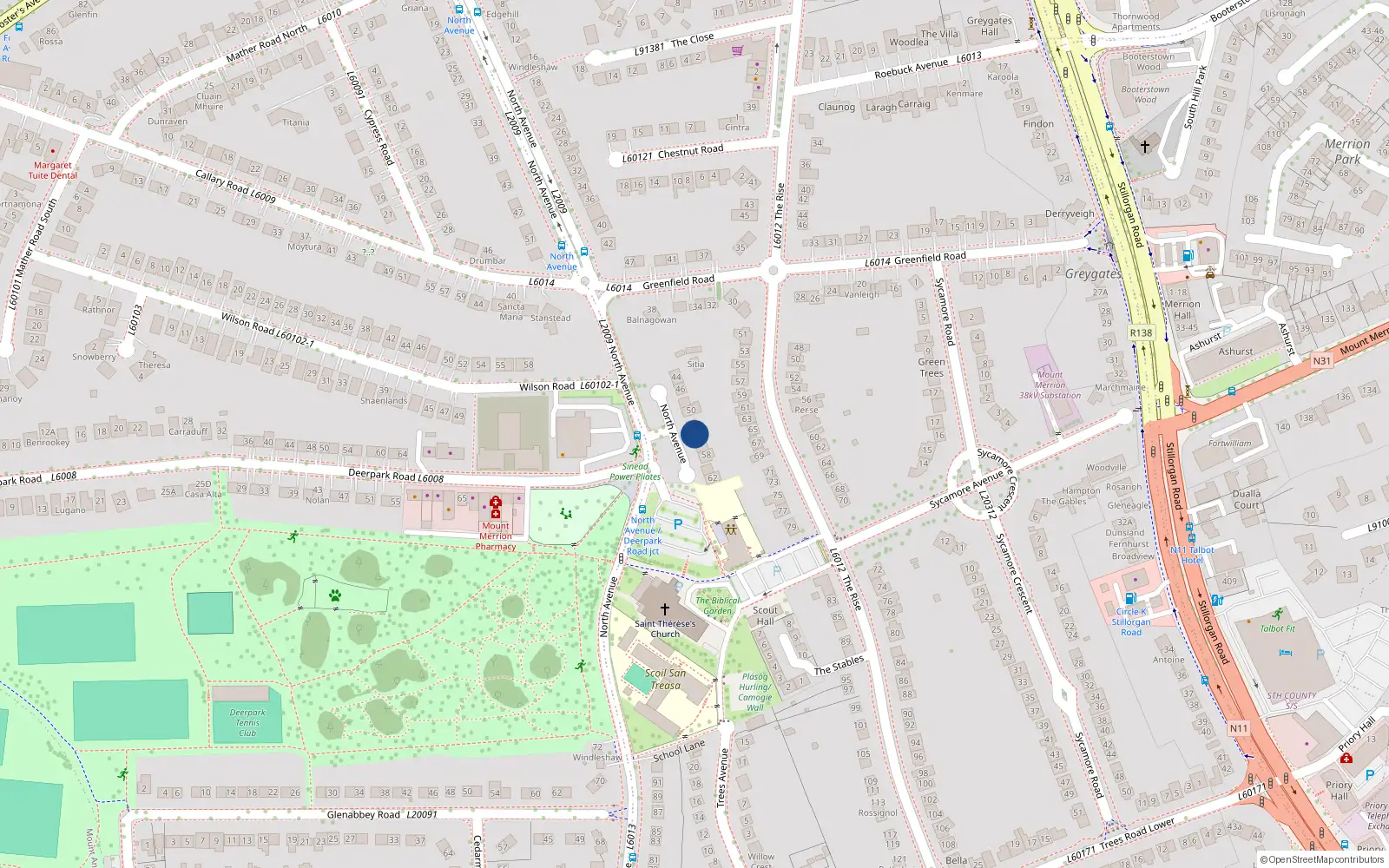 Overhead map showing the location of 54 North Avenue, Mount Merrion, Dublin