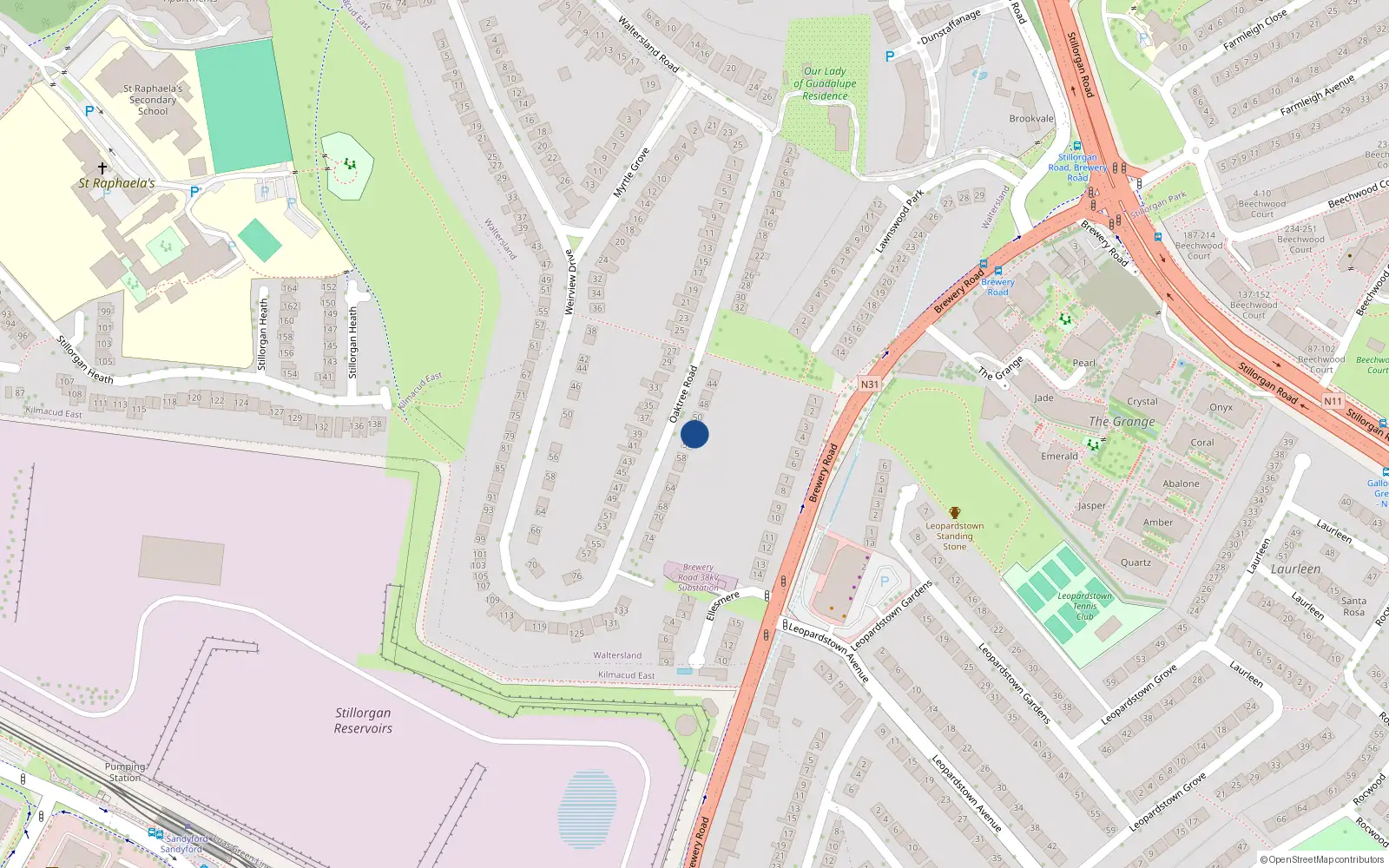 Overhead map showing the location of 54 Oaktree Road, Stillorgan