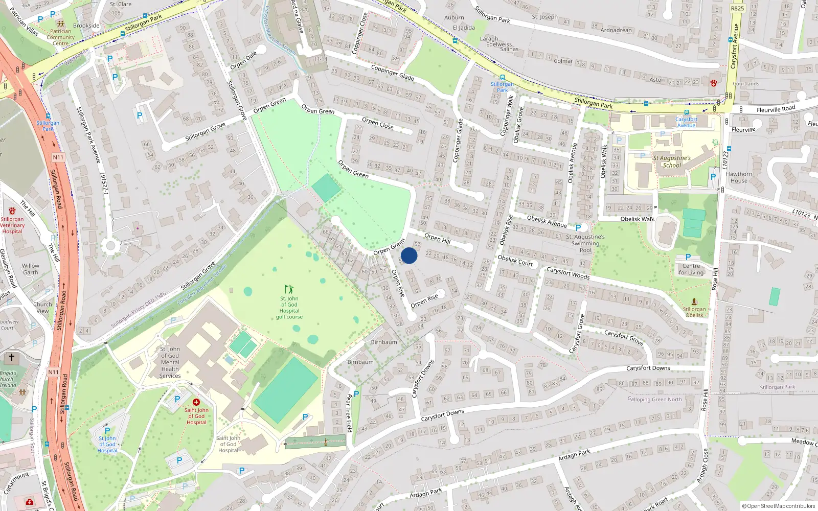 Overhead map showing the location of 54 Orpen Green, Blackrock