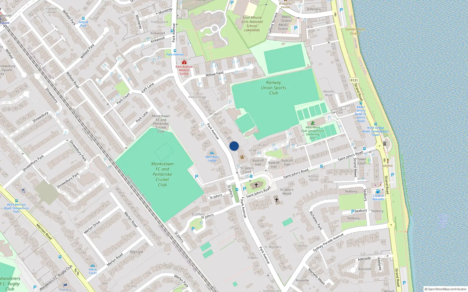 Overhead map showing the location of 54 Park Avenue, Sandymount