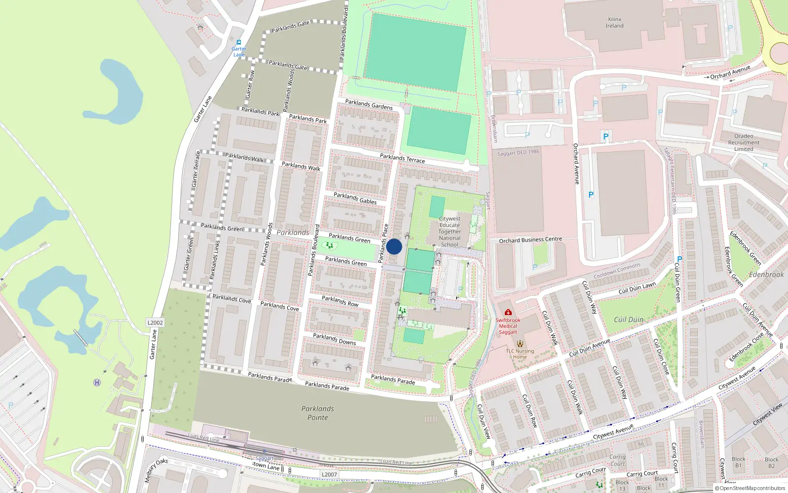 Overhead map showing the location of 54 Parklands Place, Saggart