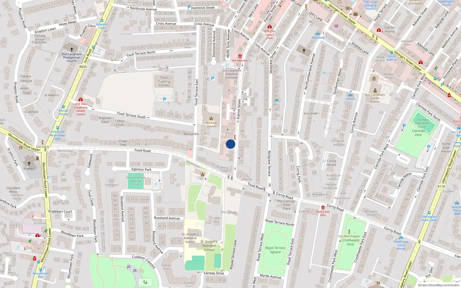 Overhead map showing the location of 54 Patrick St, Dun Laoghaire, Dublin