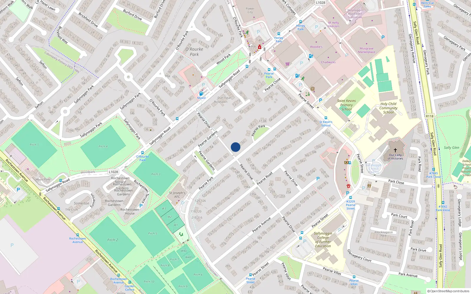 Overhead map showing the location of 54 Pearse Park, Sallynoggin