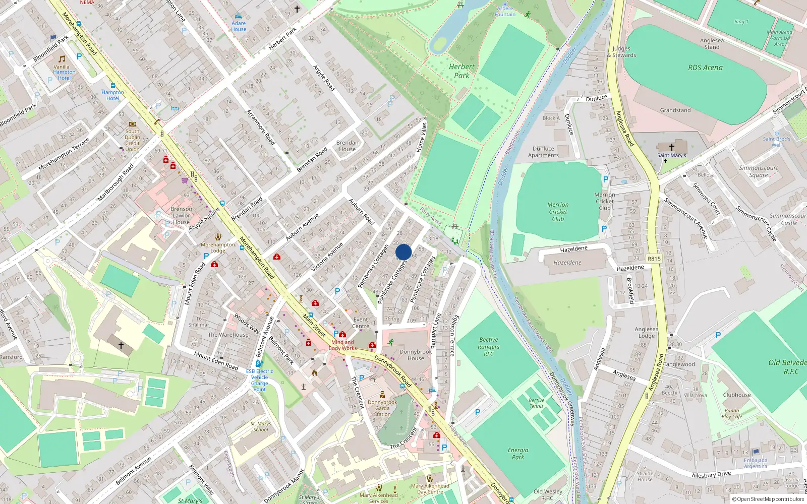 Overhead map showing the location of 54 Pembroke Cottages, Dublin 4