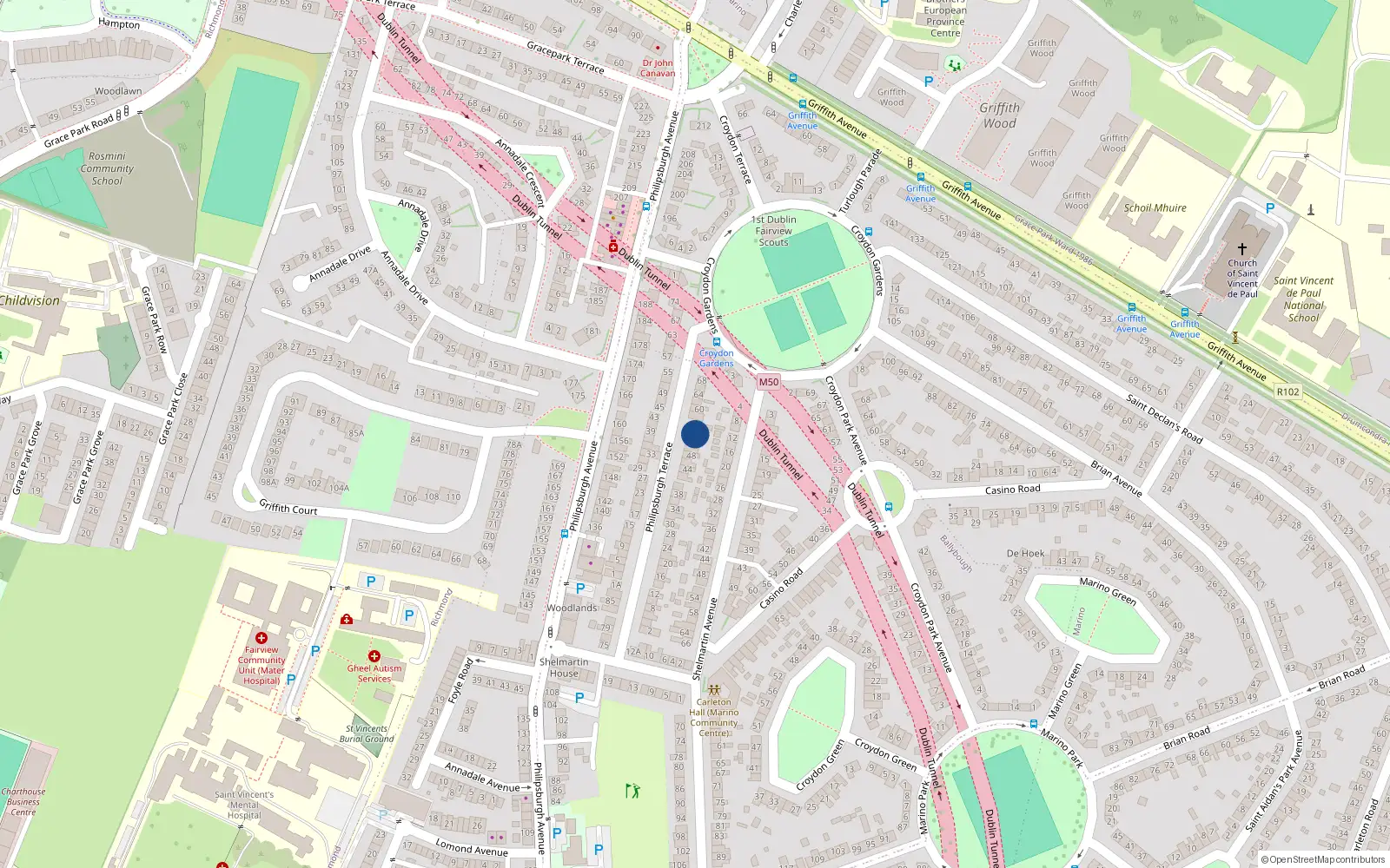 Overhead map showing the location of 54 Philipsburgh Terrace, Dublin 3