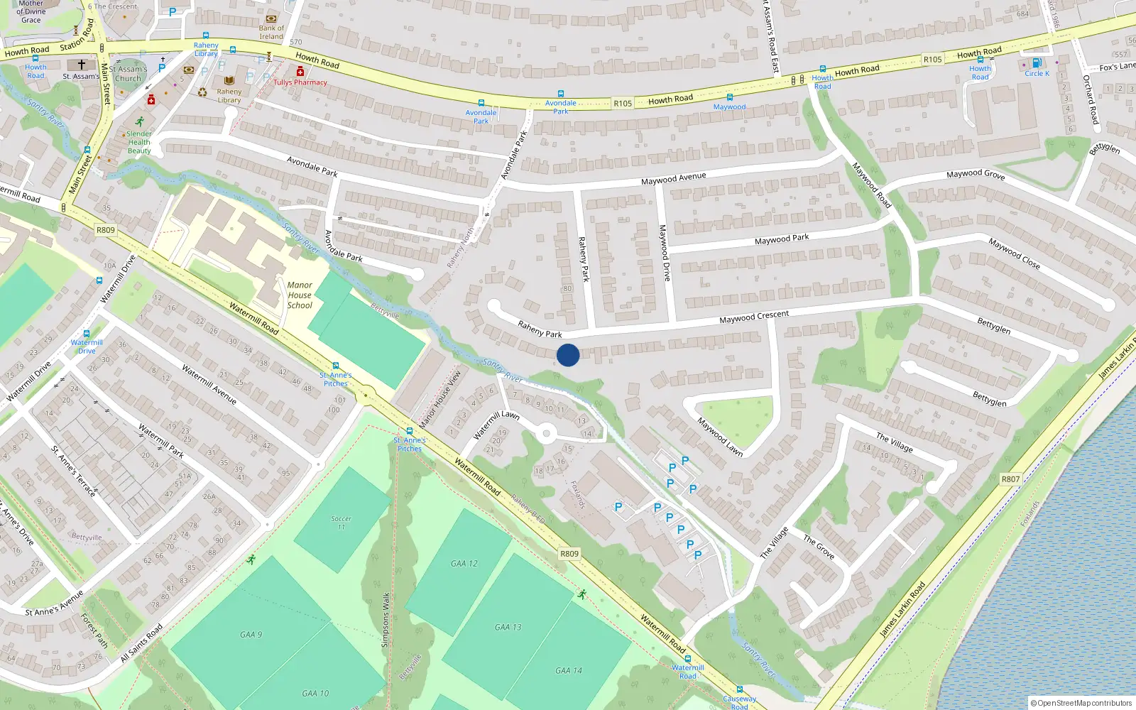 Overhead map showing the location of 54 Raheny Park, Raheny, Dublin 5