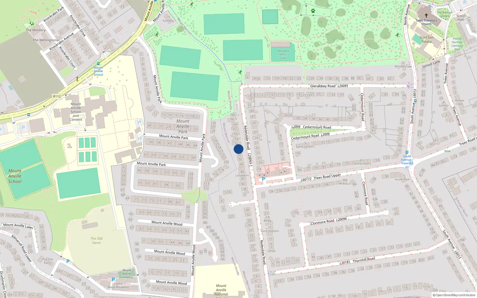Overhead map showing the location of 54 Redesdale Road, Blackrock