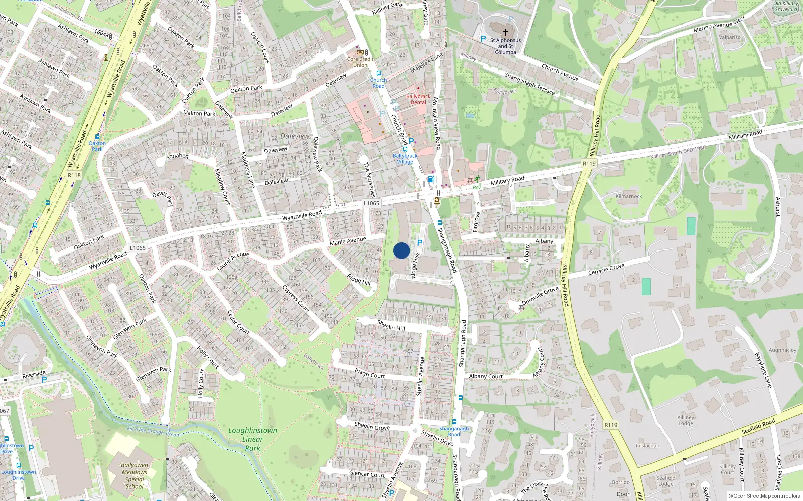 Overhead map showing the location of 54 Ridge Hall, Shanganagh Road, Ballybrack Village