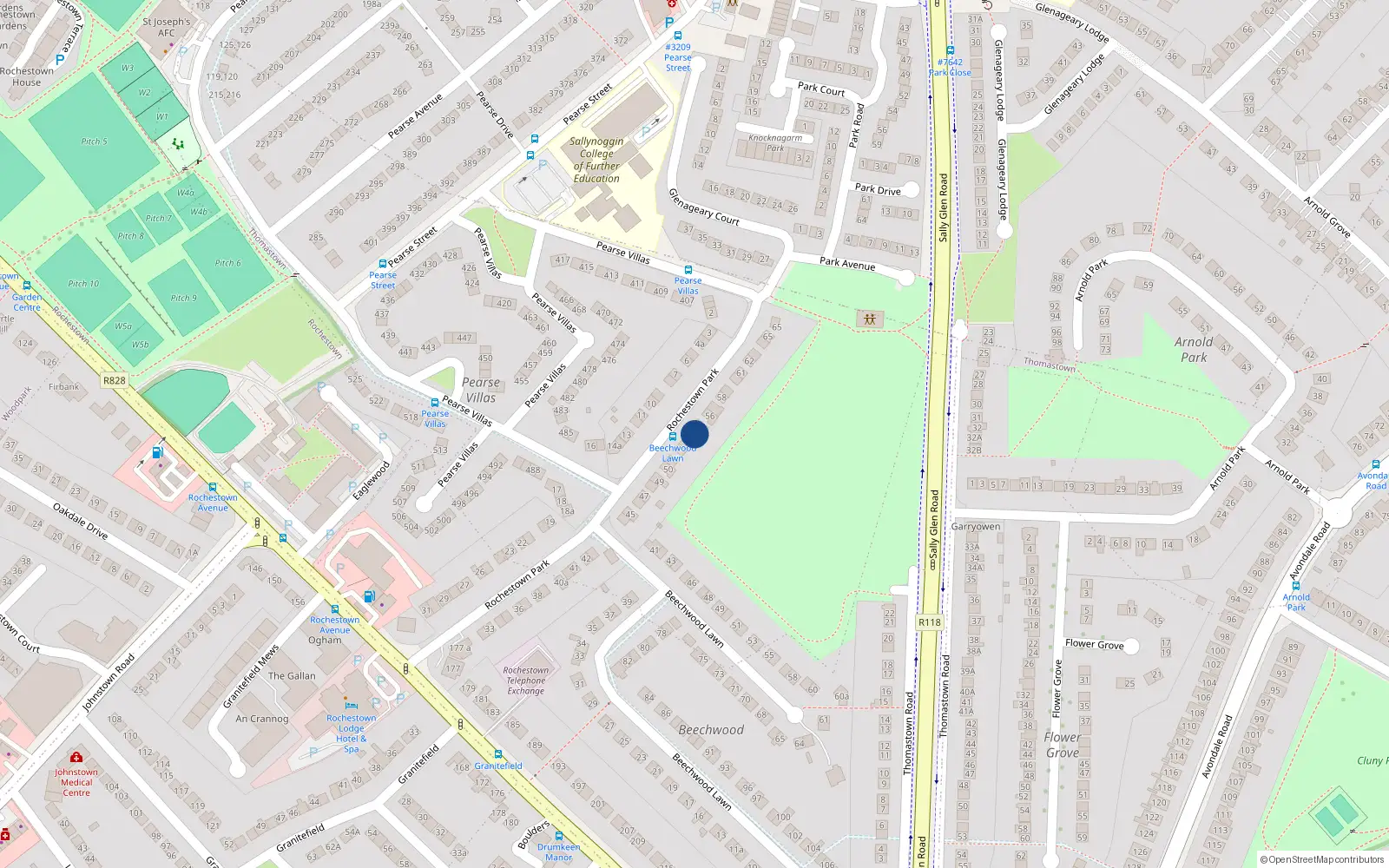 Overhead map showing the location of 54 Rochestown Park, Dun Laoghaire, Dublin