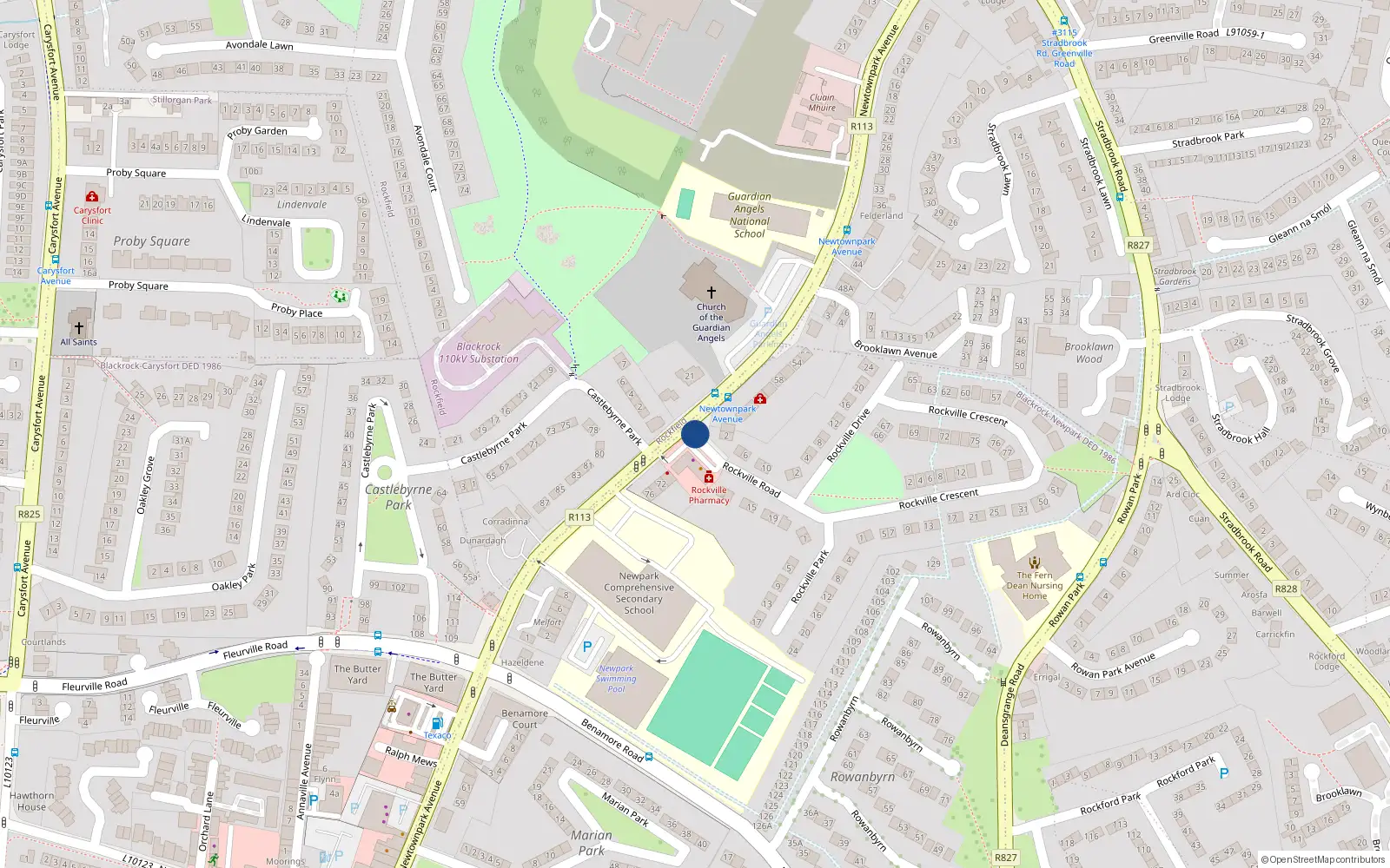 Overhead map showing the location of 54 Rockville Road, Blackrock