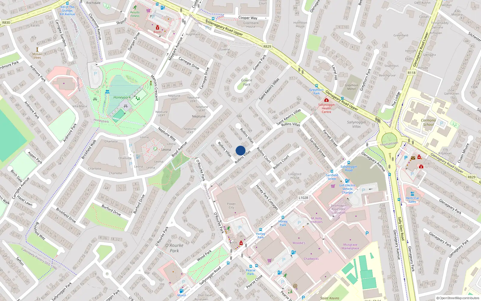 Overhead map showing the location of 54 Rollins Villas, Sallynoggin