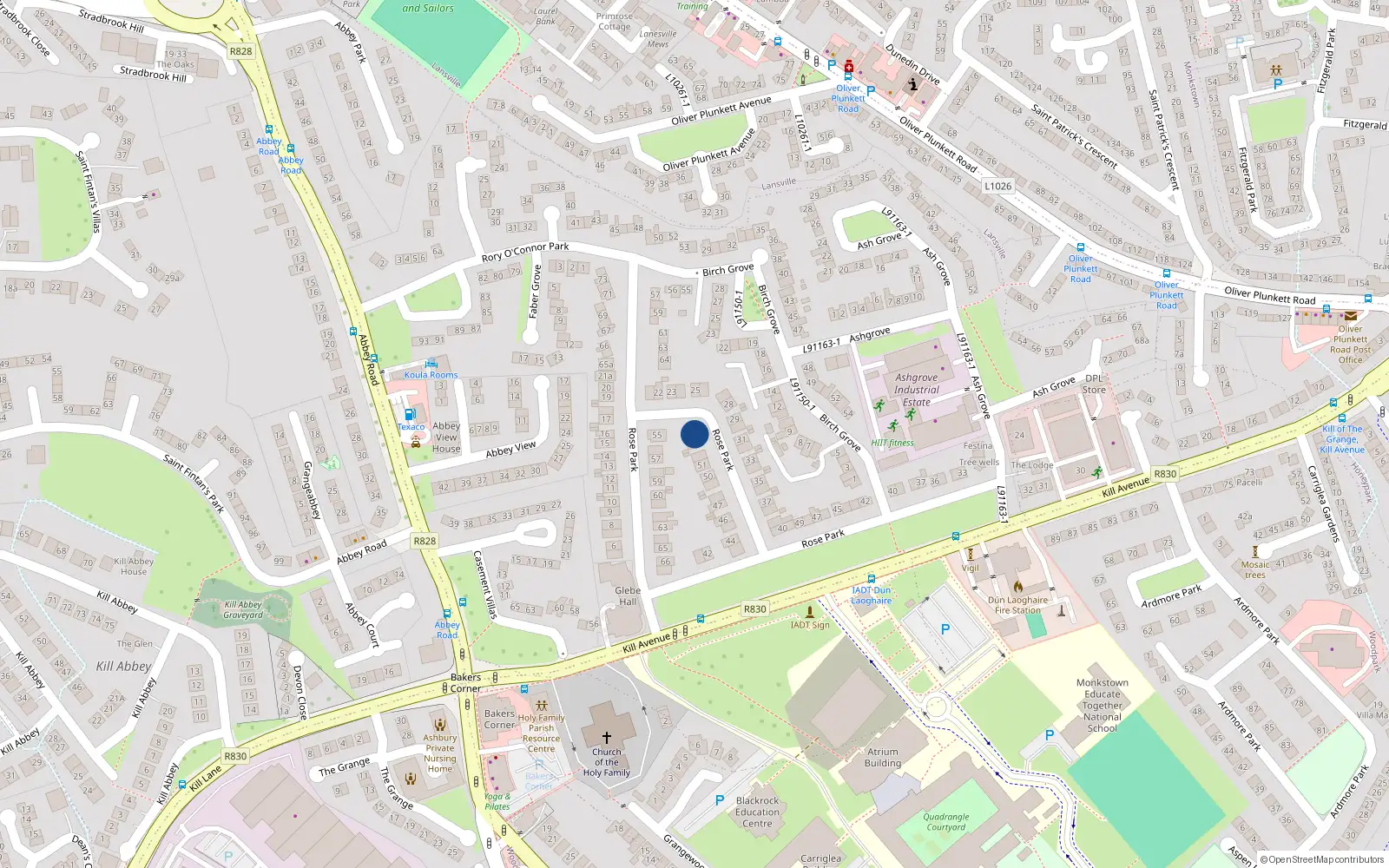 Overhead map showing the location of 54 Rose Park, Dun Laoghaire