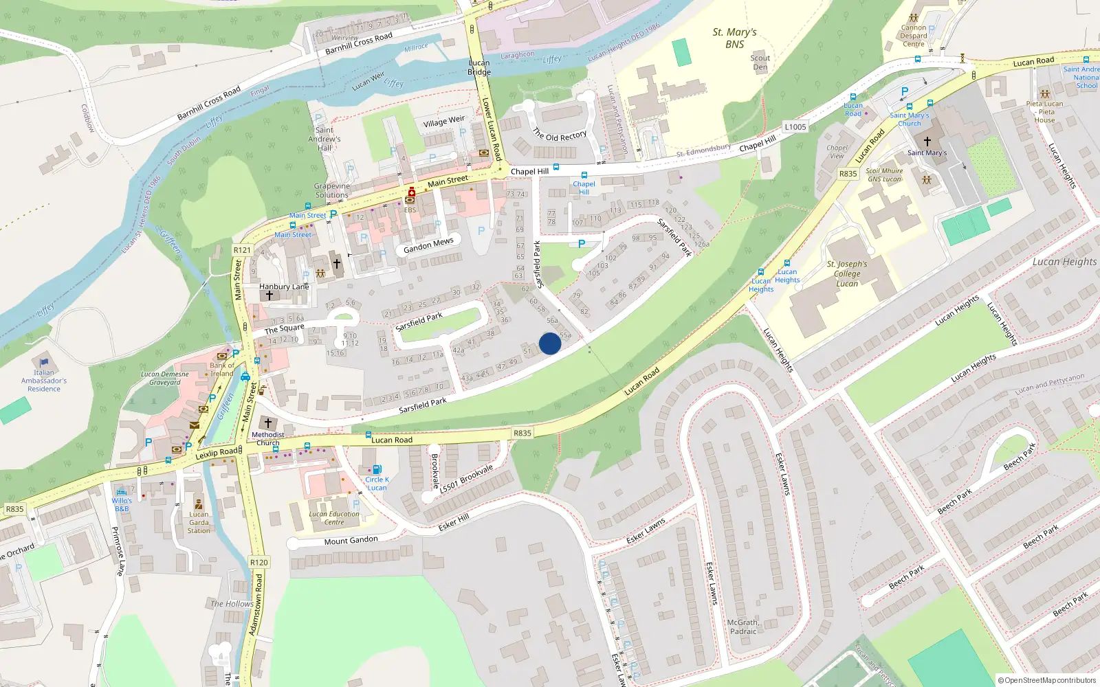 Overhead map showing the location of 54 Sarsfield Park, Lucan