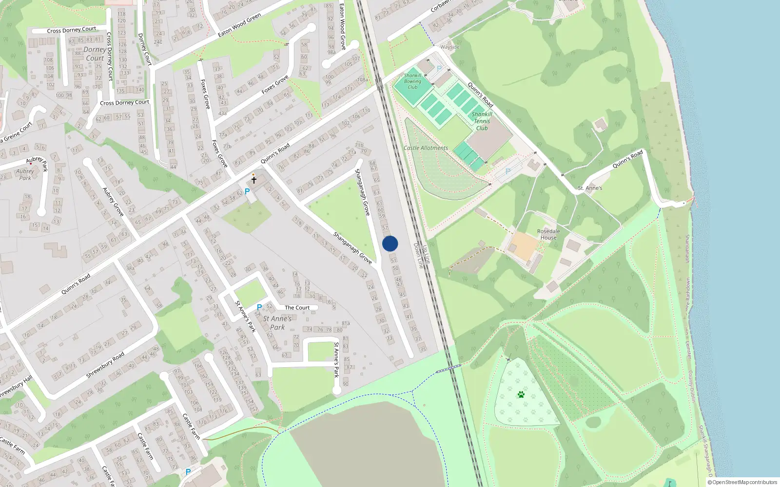 Overhead map showing the location of 54 Shanganagh Grove, Shankill