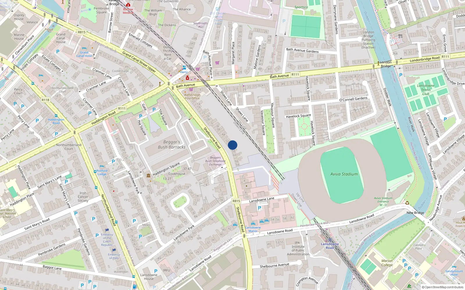 Overhead map showing the location of 54 Shelbourne Road, Dublin 4