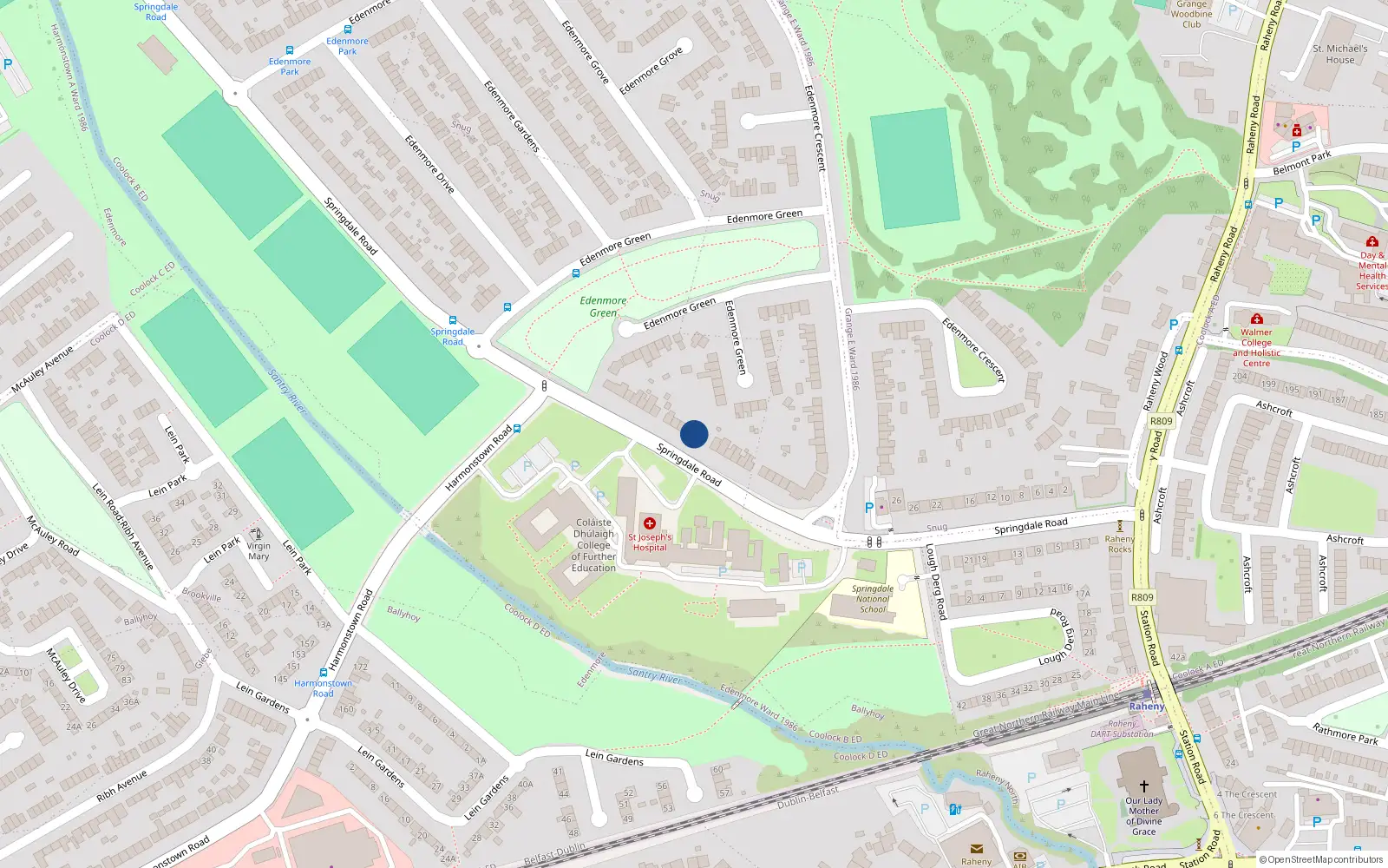 Overhead map showing the location of 54 Springdale Road, Raheny, Dublin 5
